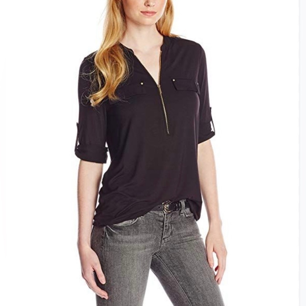 Calvin Klein Black Roll Tab 3/4 Sleeve Blouse Gold Zip Front Soft Knit Top XS